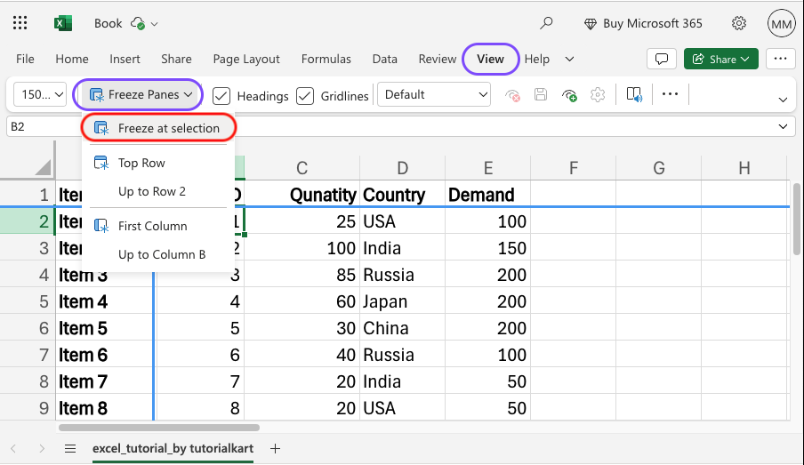 Excel - Freeze Rows and Columns